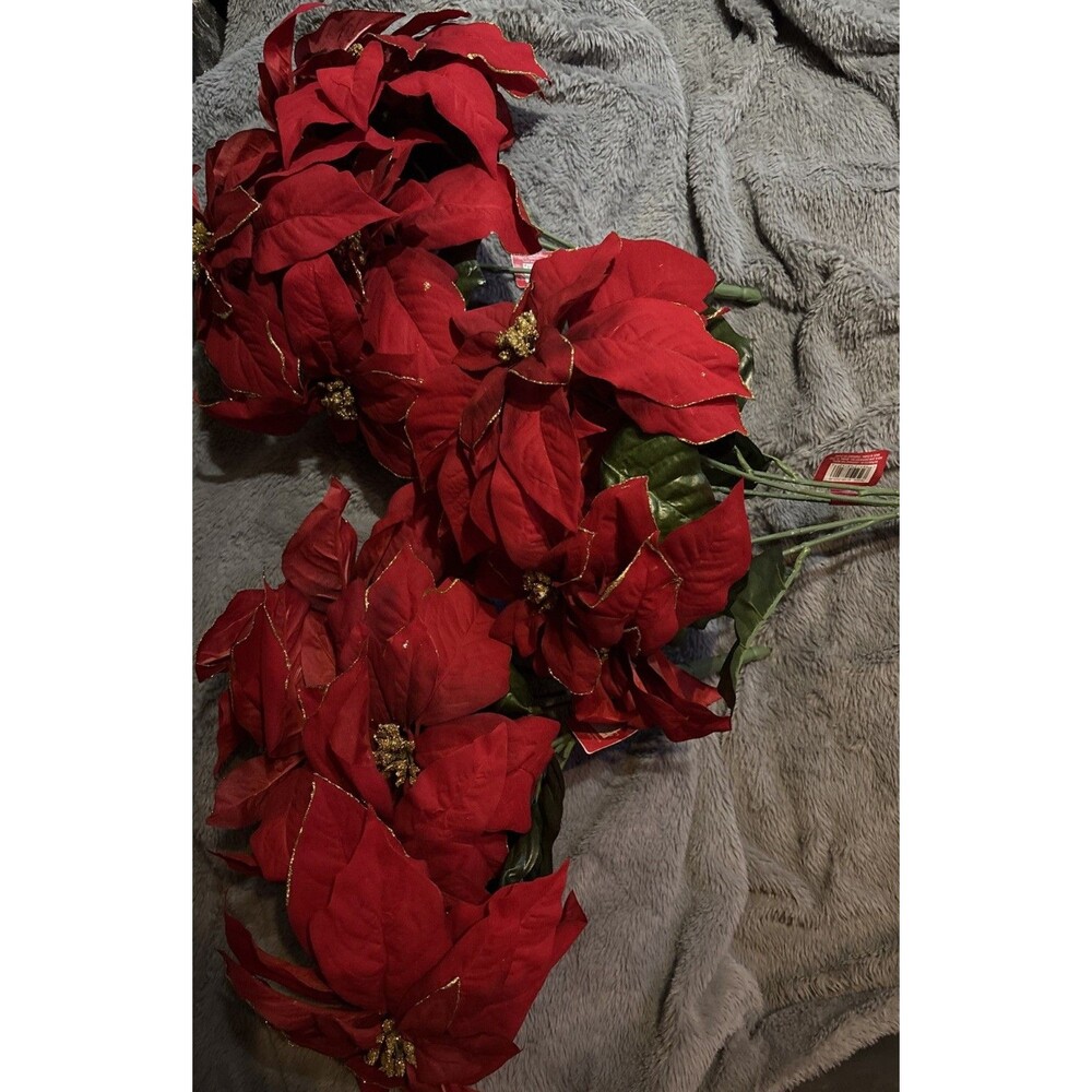 ASHLAND Red Gold Poinsettias Lot Of 3 Bunches Artificial Flowers Floral Crafts